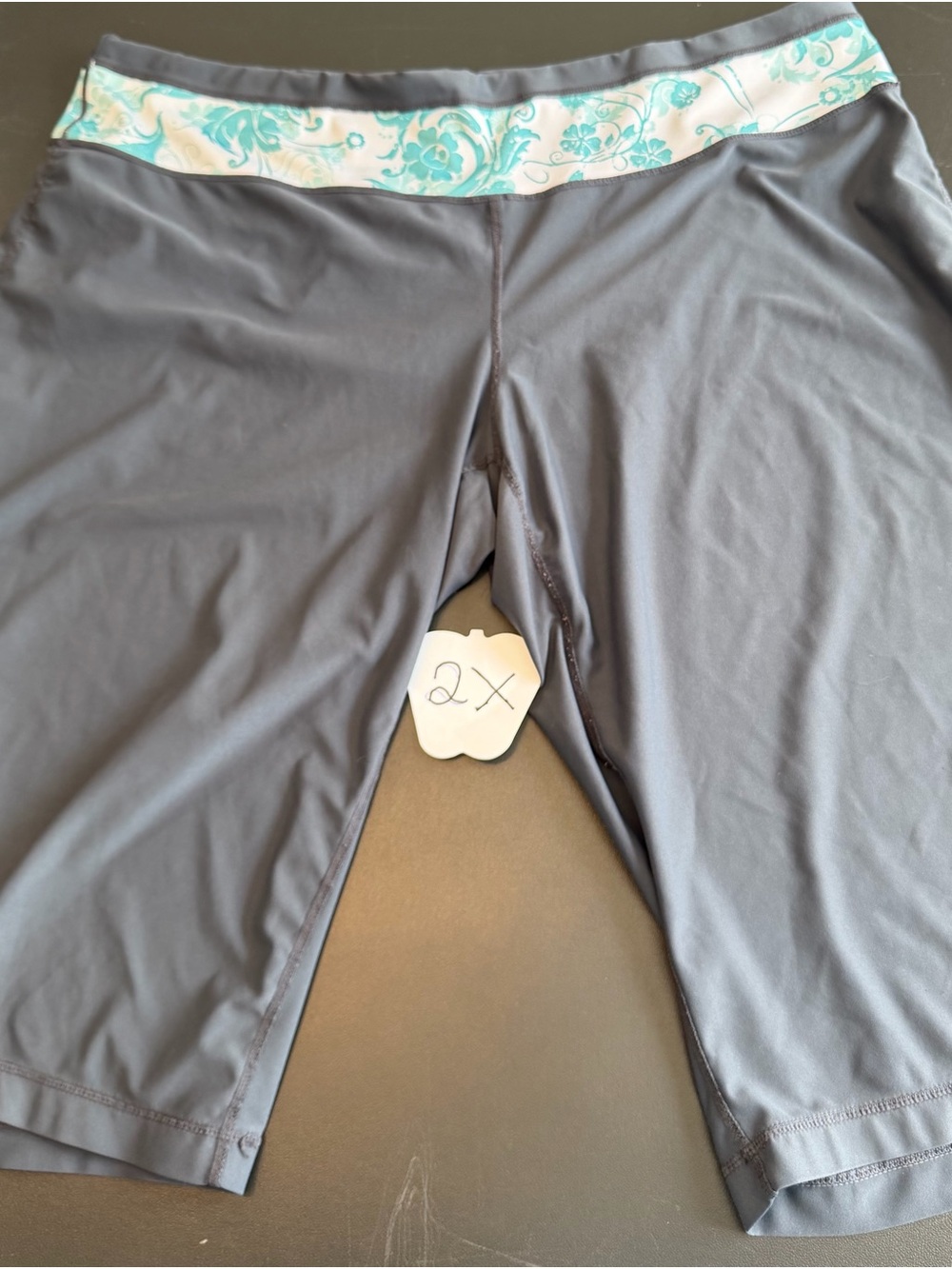 Women's Gray Capris with Teal Floral Waistband